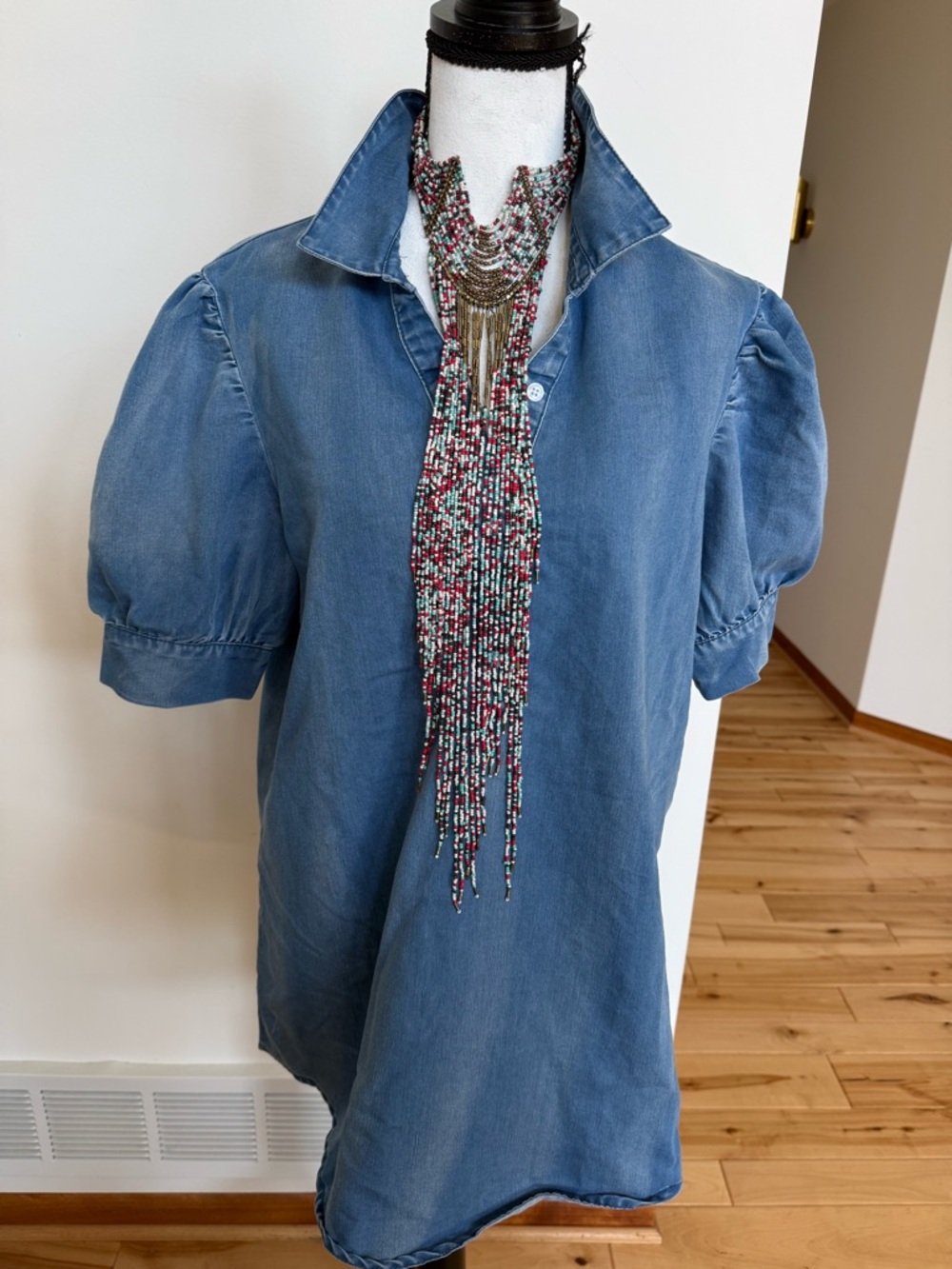 Denim Puff-Sleeve Tunic Top - Blue